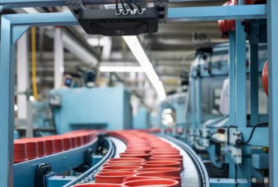 A conveyor belt containing hundreds of products