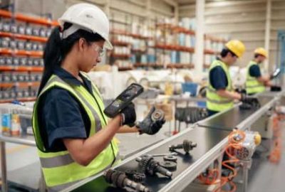 A woman looking at a barcode scanner