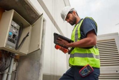 A construction worker looking at an ipad